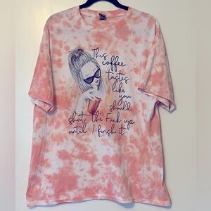 Amazon- tie dye, graphic tee. Colors white and baby pink.